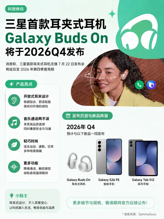 三星耳夹式耳机 Galaxy Buds On 发布时间 2026Q4