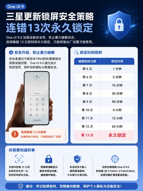 三星 One UI 9 锁屏：输错13次或恢复出厂