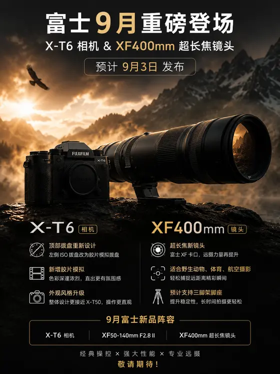 富士 X-T6 相机携 400mm 长焦镜头九月登场