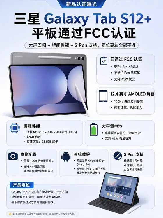 三星 Tab S12+ 认证曝光，大屏旗舰平板回归