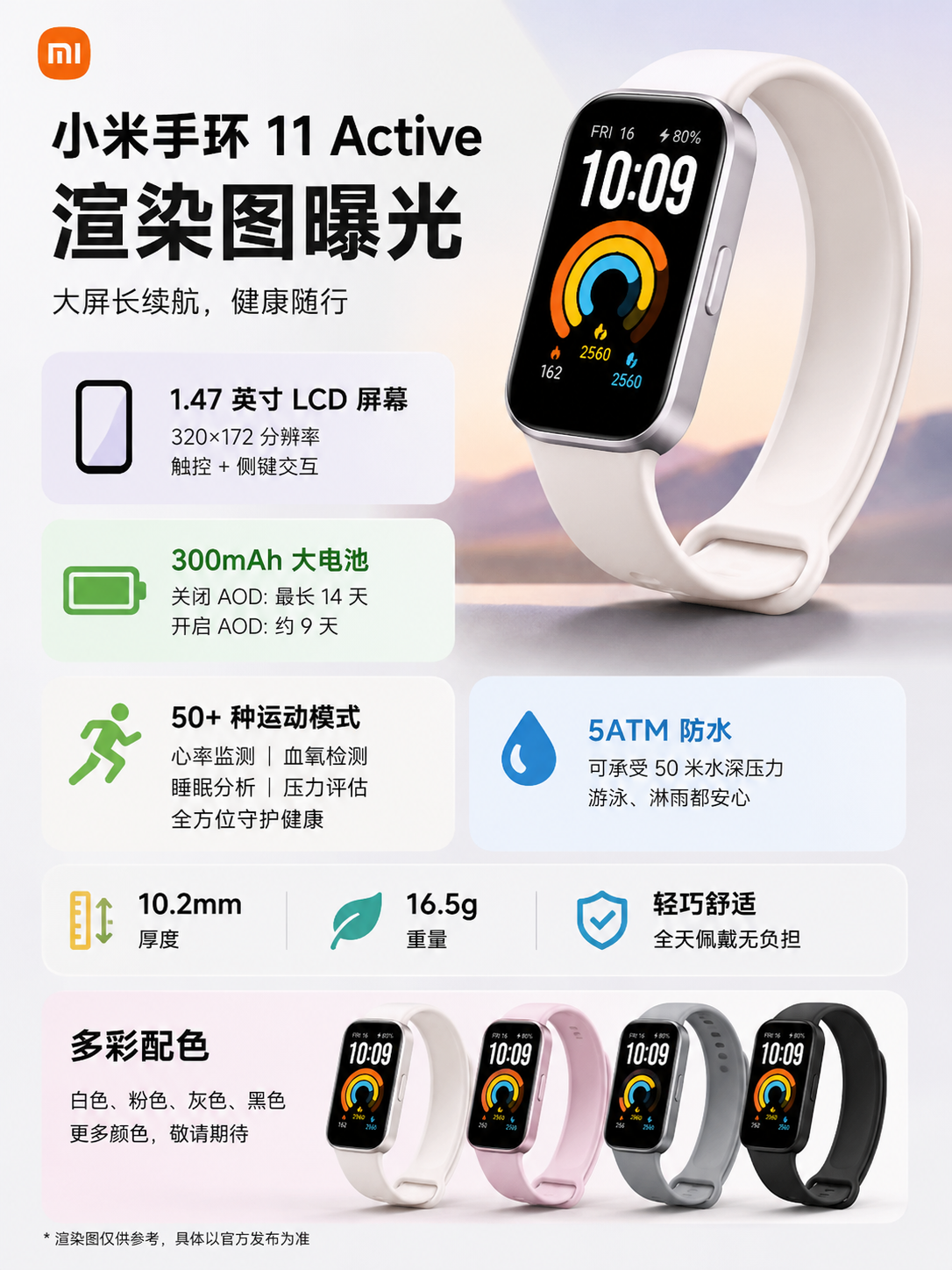 小米手环 11 Active 曝光：轻巧大屏，续航最长 14 天 信息图
