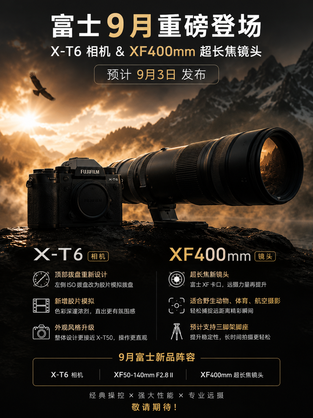 富士 X-T6 相机携 400mm 长焦镜头九月登场 信息图
