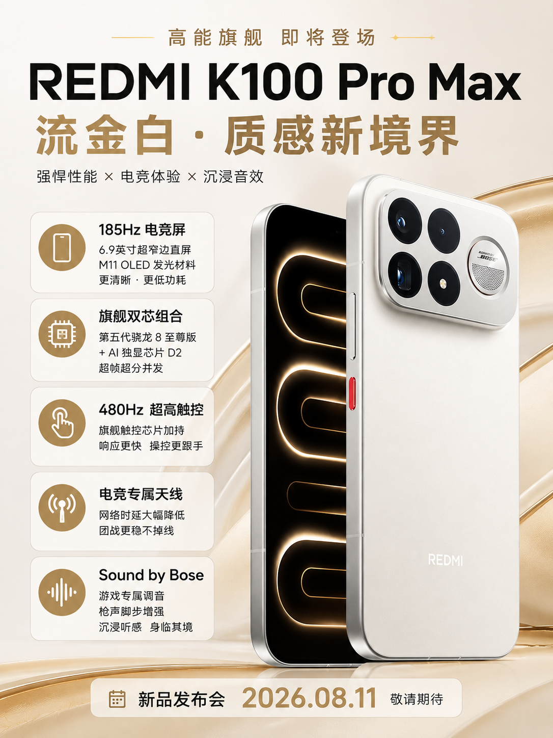 小米 REDMI K100 Pro Max 发布时间 2026 年 8 月 11 日 信息图